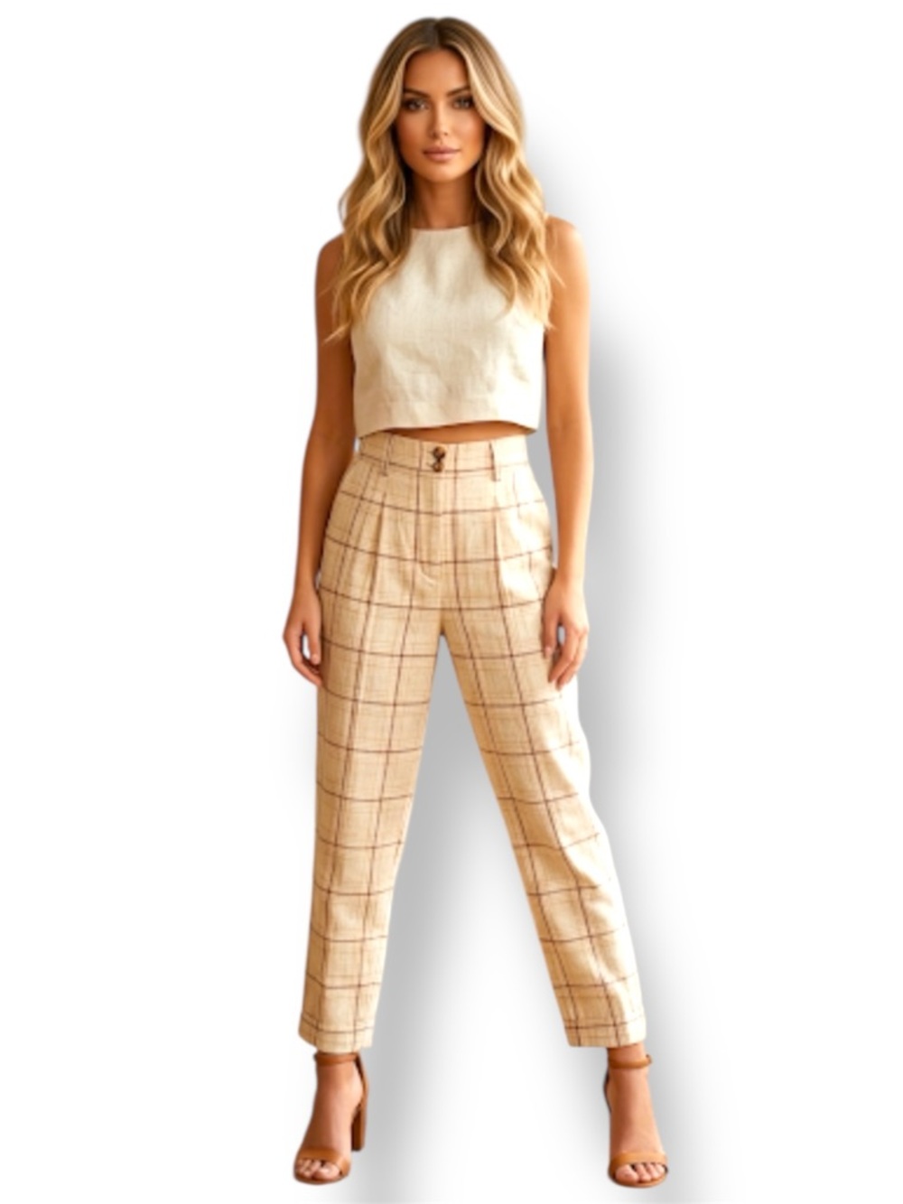 SÉZANE Tan Plaid Linen Blend Pleated Trousers , Size 36 (US 4)
